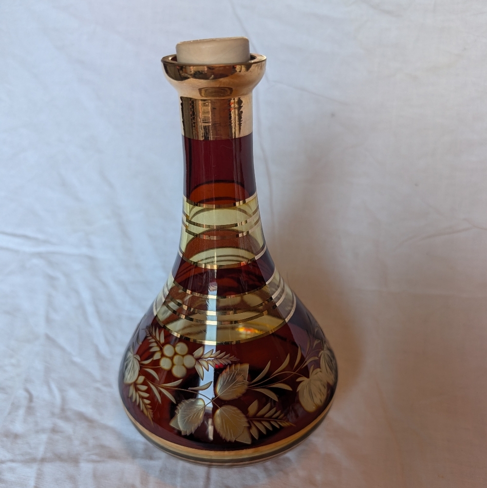 2/30$ Vintage Bohemian Burgundy and Gold Floral Glass Decanter